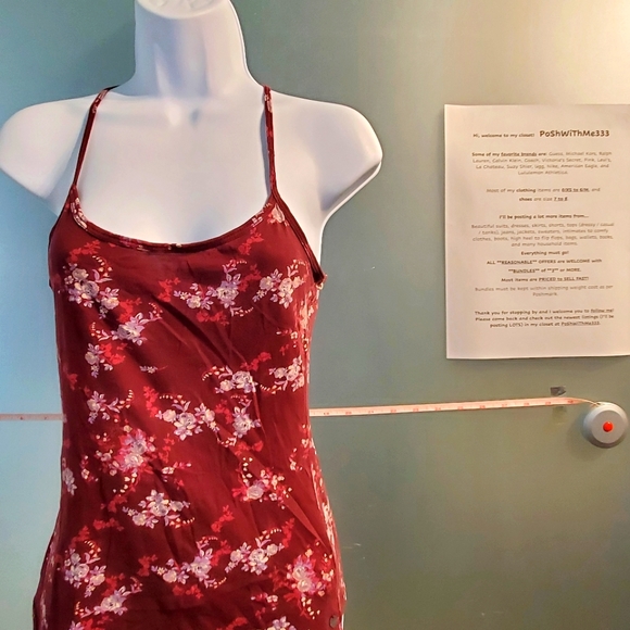 Chic Floral Tank Top, Burgundy w/ White & Pink Flowers, Stretchy, Thin Staps - Picture 3 of 8